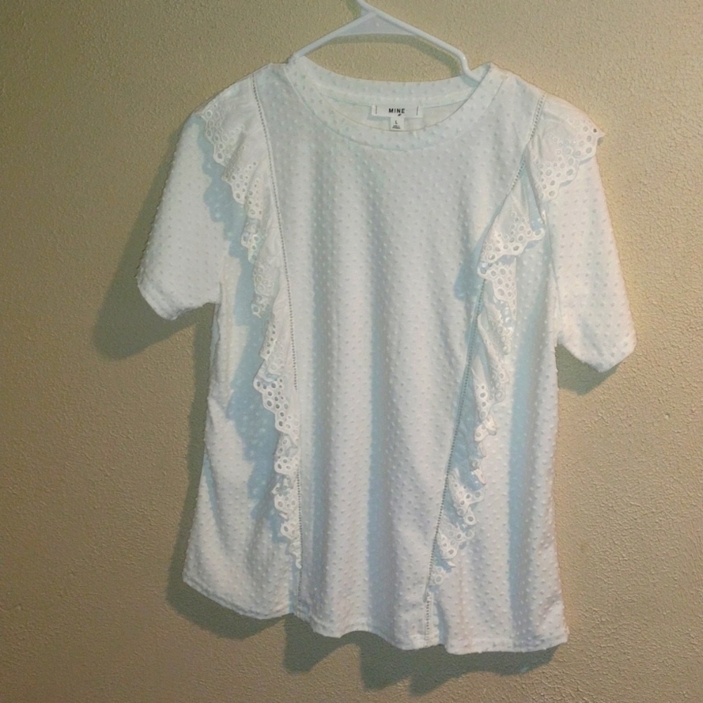 White Mine Short Sleeve Top with Swiss Dot and Eyelet Lace Detail L